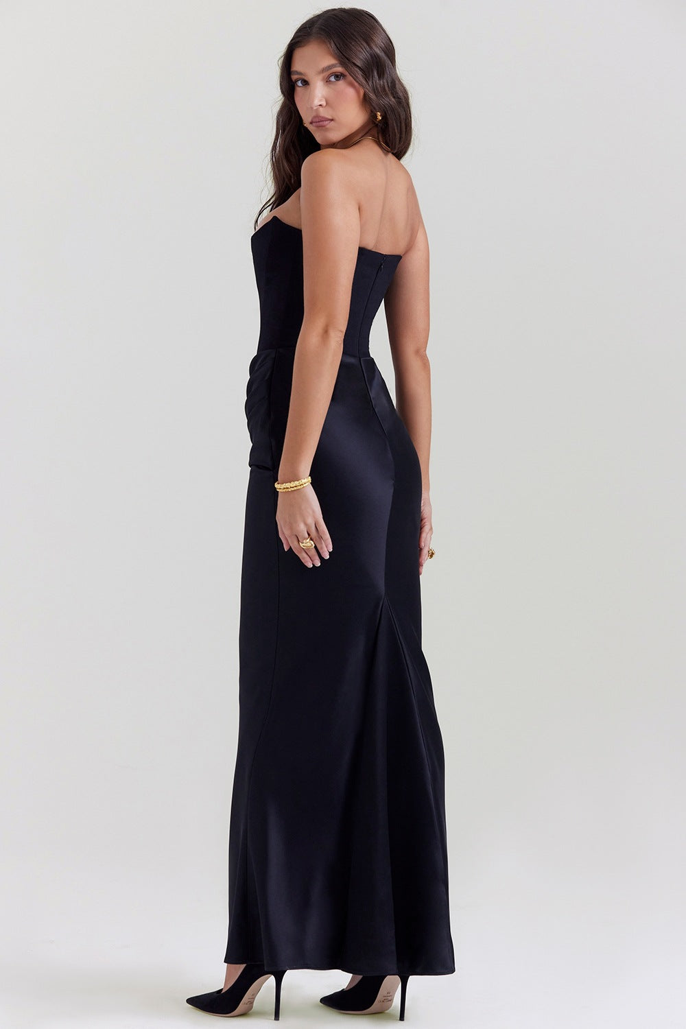 Black satin strapless gown