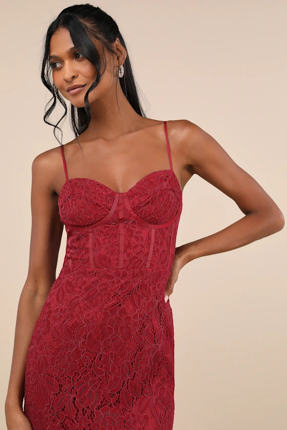 Found Your Love Wine Red Lace Sleeveless Trumpet Midi Dress