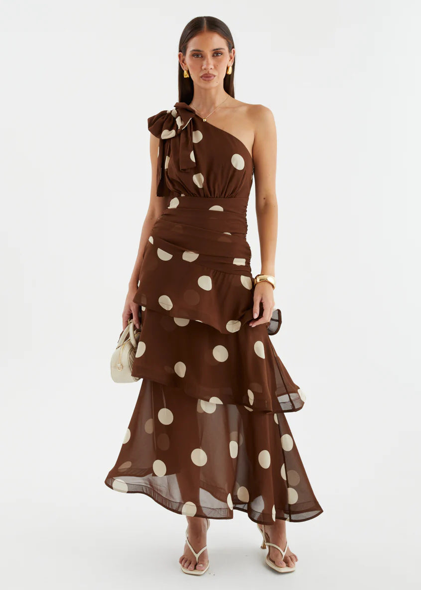 Polka Dot One-Shoulder Ruffle Maxi Dress