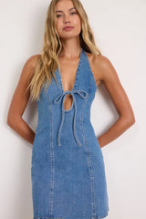 Luce Medium Wash Denim Halter Mini Dress
