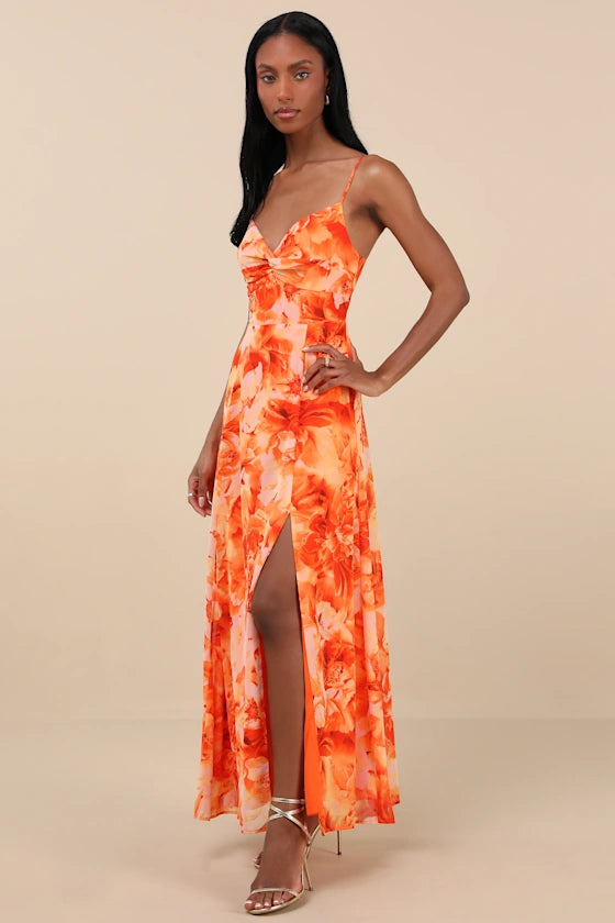 Beautiful Soul Orange Floral Print Twist-Front Maxi Dress