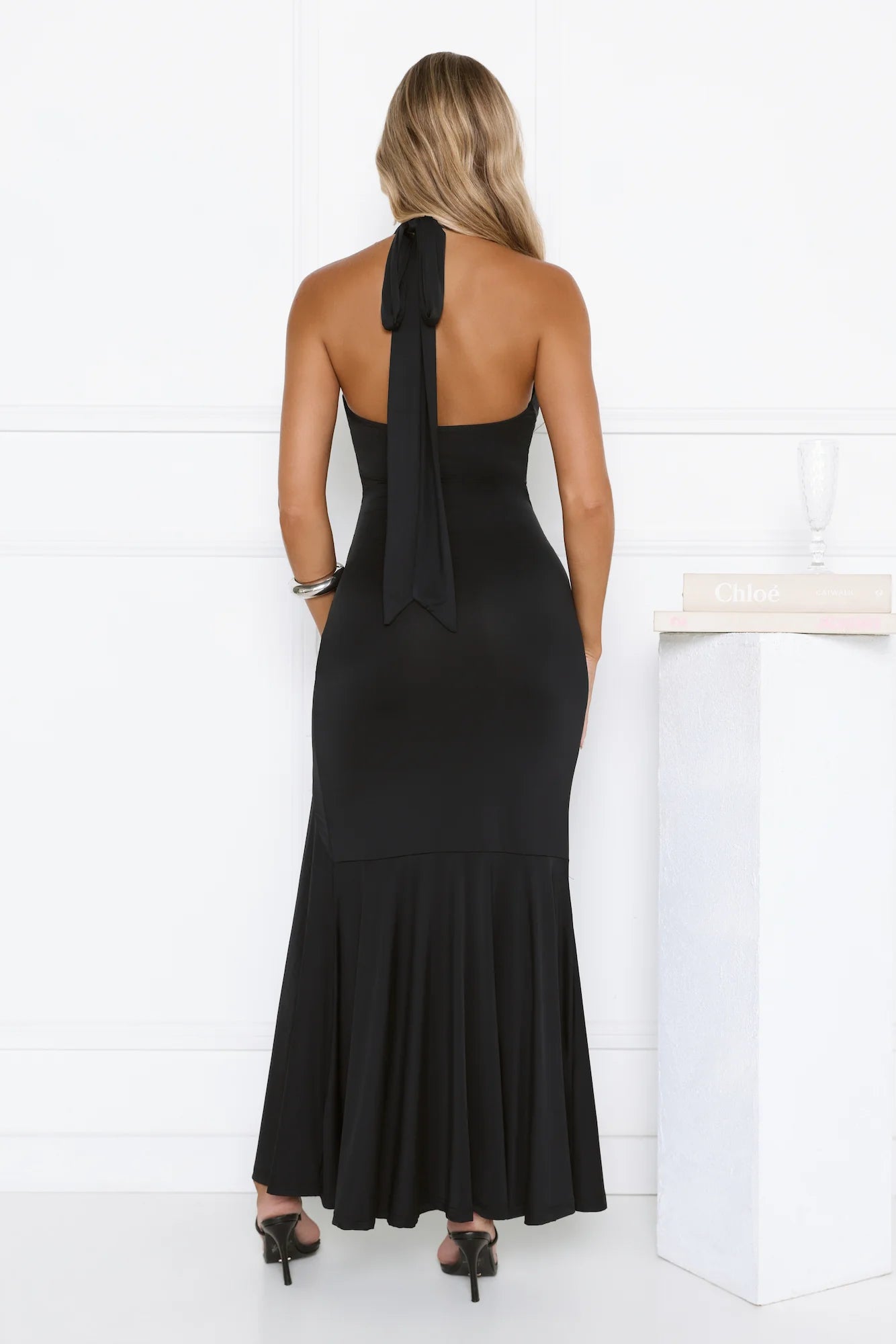 Sultry Halter Split Knit Maxi Dress Black