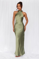 The Cleo Halter Satin Maxi Dress Olive