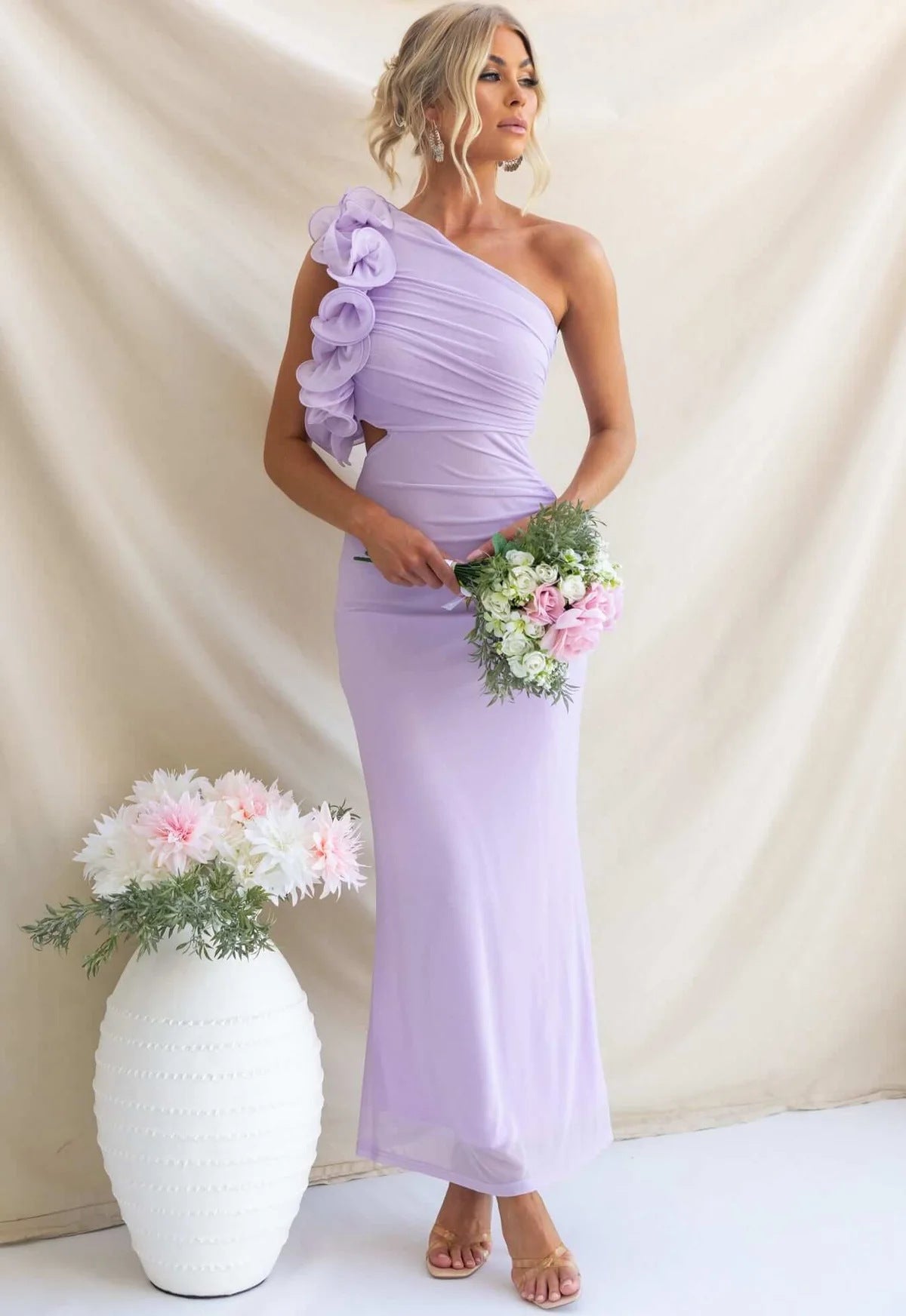 Purple Ruffle One-Shoulder Mesh Maxi Dress