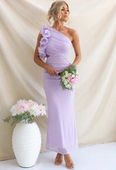 Purple Ruffle One-Shoulder Mesh Maxi Dress