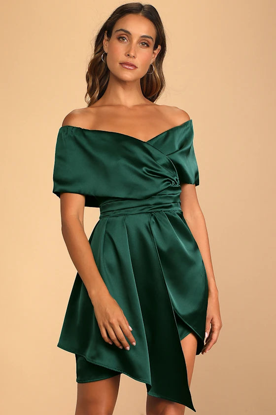 Always Celebrating Mauve Satin Off-the-Shoulder Mini Dress