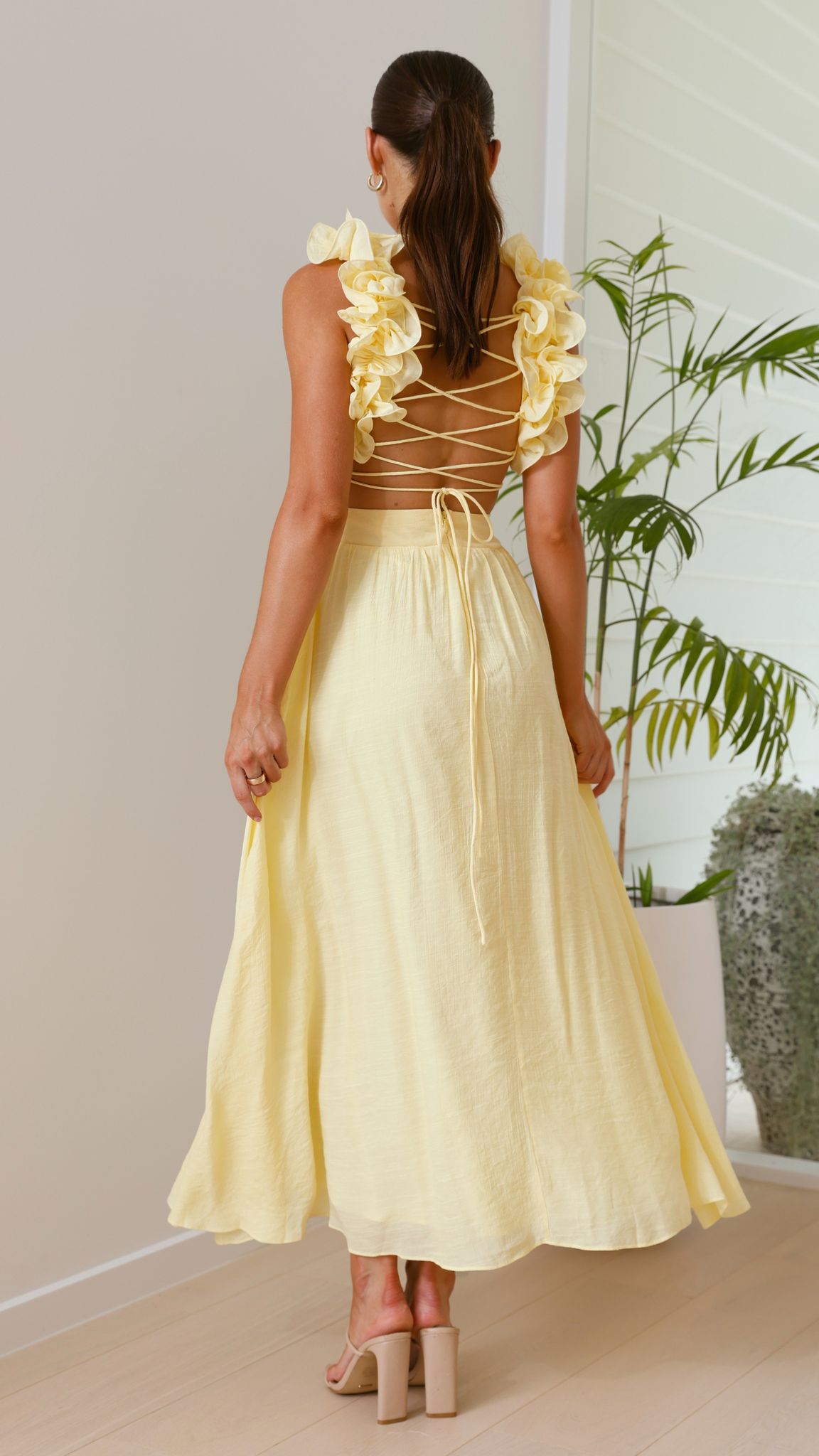 Yellow Ruffle Strap V-Neck Maxi Dress