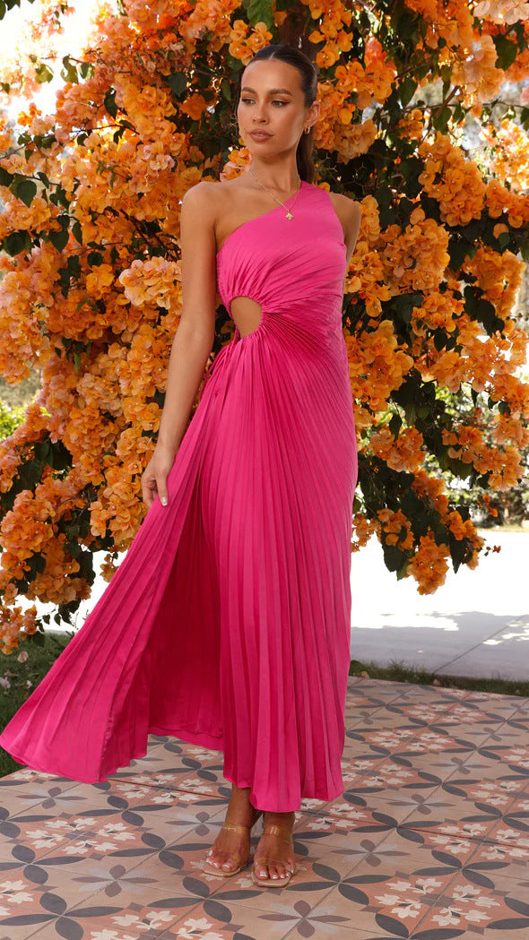 Elegant Pleated One Shoulder Cut-out Waist Midi Dress