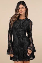 Darling Era Black Lace Applique Long Sleeve Ruffled Mini Dress