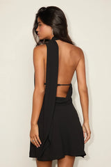 Isloda Black One-Shoulder Backless Sash Mini Dress
