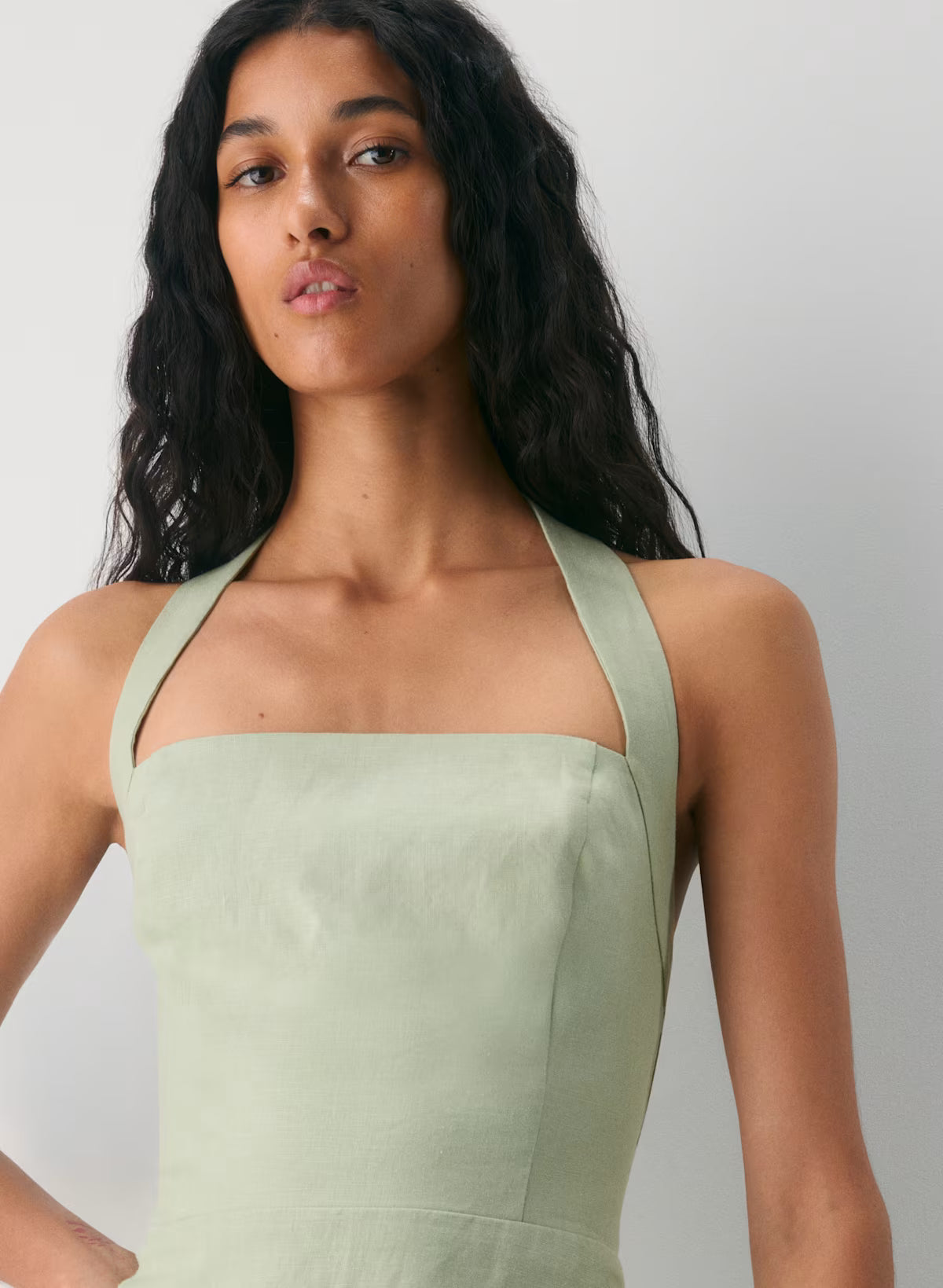 Organic linen halter mini dress-silver sage green