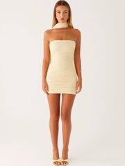Ruched Strapless Bodycon Mini Dress with Scarf– Sleek Bodycon Silhouette