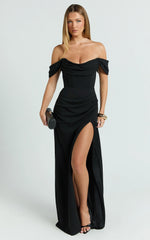 Off Shoulder Corset High Split Dress in Black
