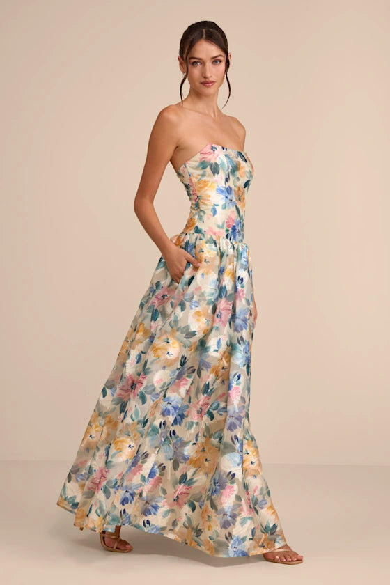 Mikayla Beige Multi Floral Jacquard Maxi Dress