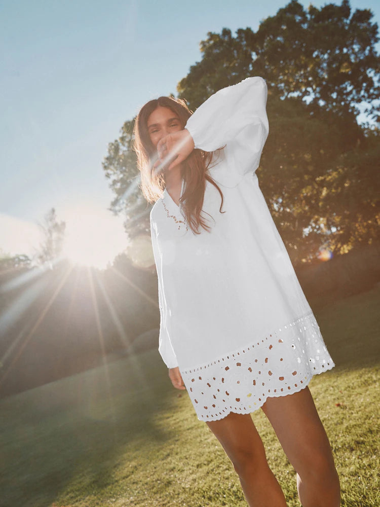 White Long Sleeve Broderie Summer Mini Dress