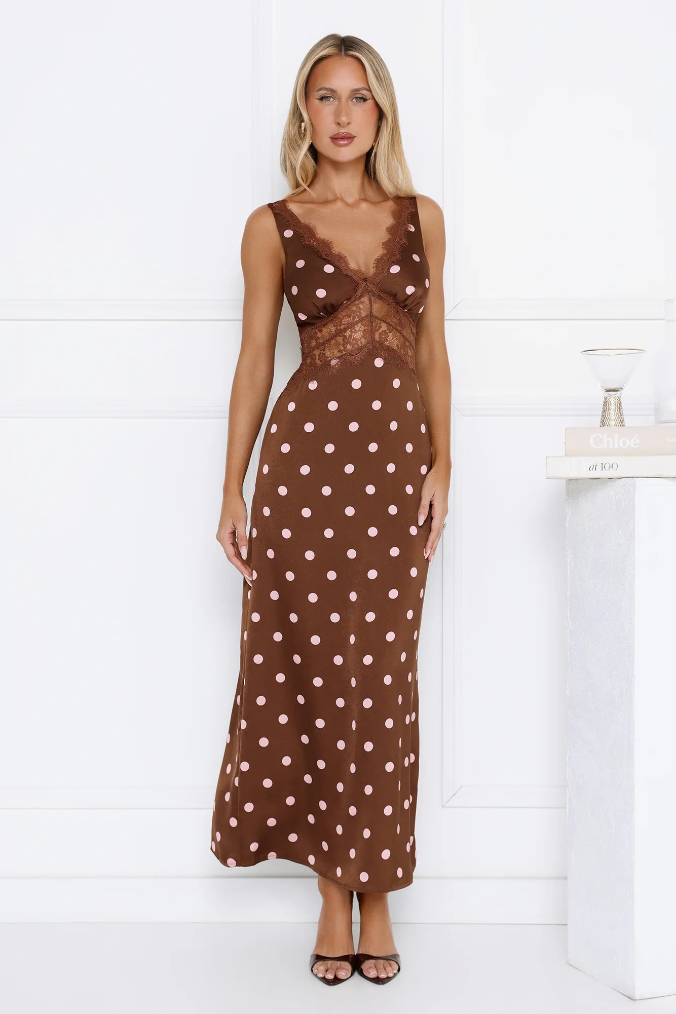 Staple Trend Polka Dot Satin Maxi Dress Brown