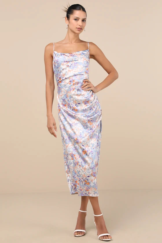 Truest Romance Slate Floral Print Sleeveless Ruched Midi Dress