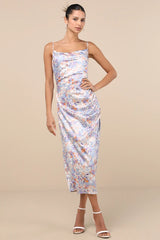 Truest Romance Slate Floral Print Sleeveless Ruched Midi Dress