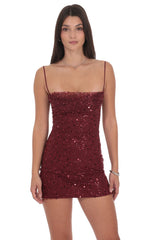 Draped Sequin Beaded Bodycon Dress in Burgundy