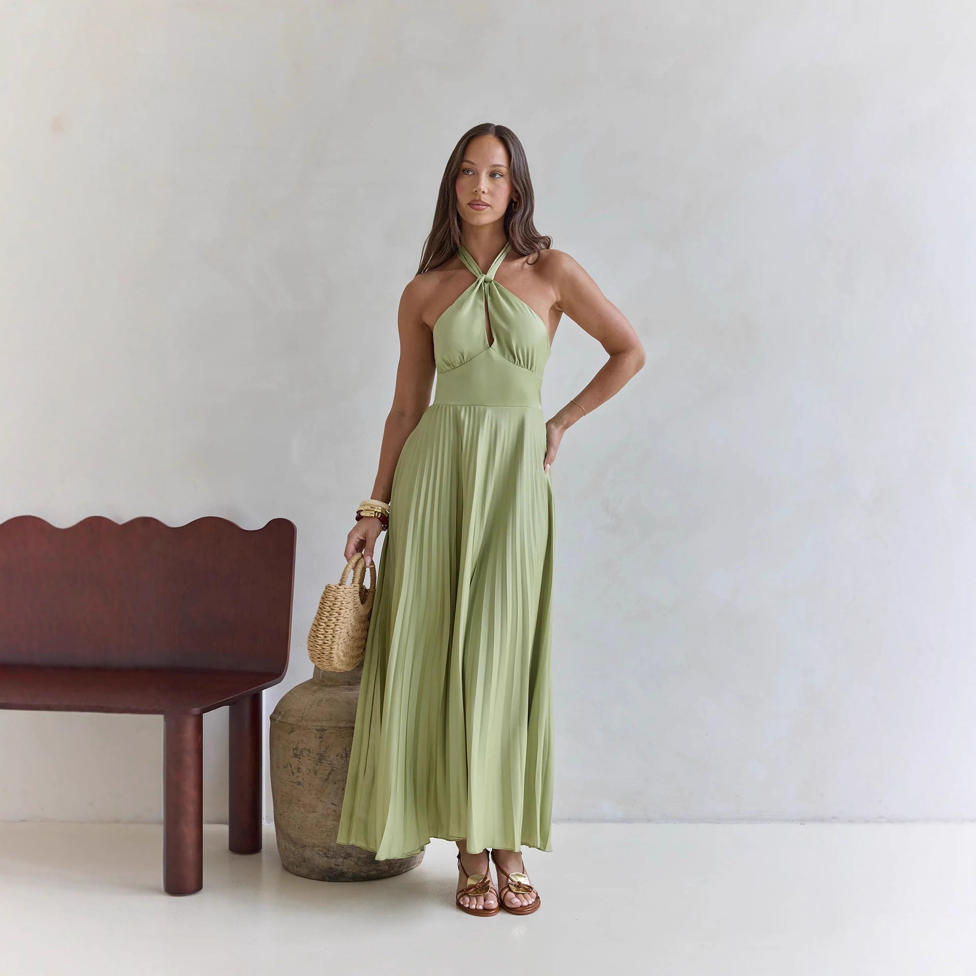 Solid Color Halter Neck Hollowed-out Casual Pleated Holiday Maxi Dress