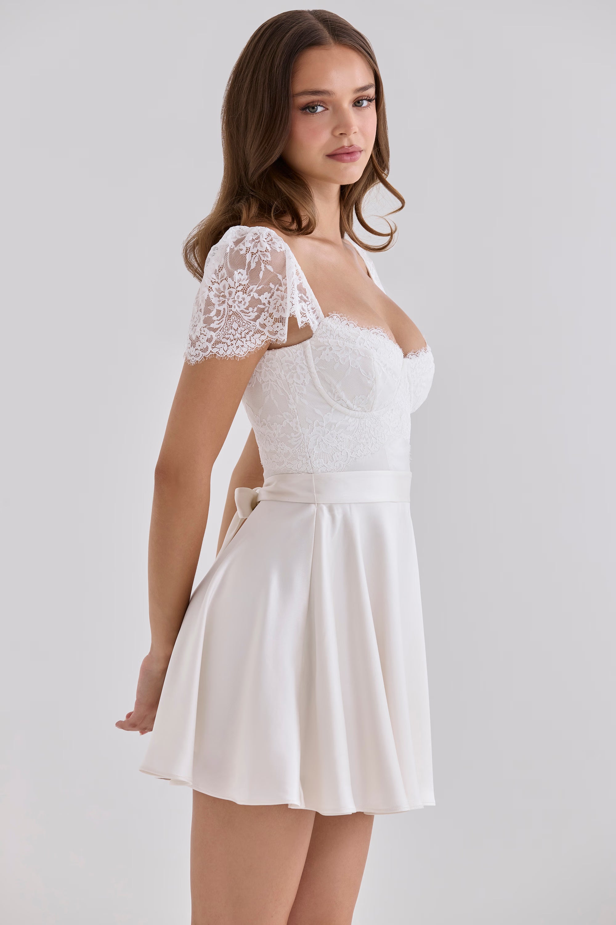 white satin + lace mini dress with detachable waist tie