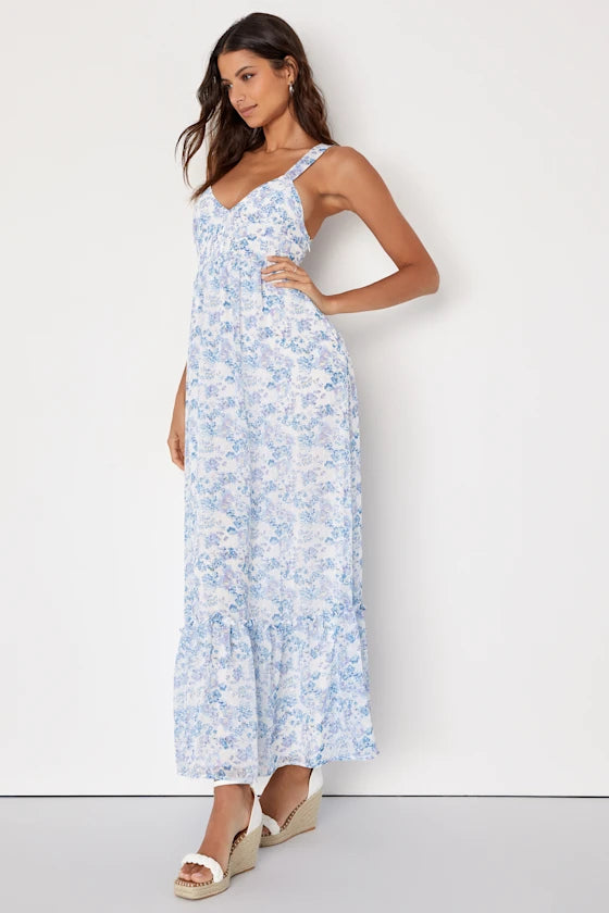 My Love Story White Floral Print Tie-Back Maxi Dress
