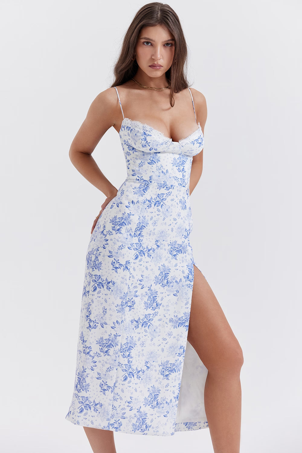 blue print corset midi dress