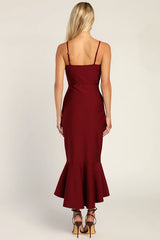 Stun Like Me Wine Red Bodycon Trumpet Hem Midi Dress