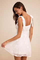 Adorable Approach White Floral Embroidered Tie-Strap Mini Dress