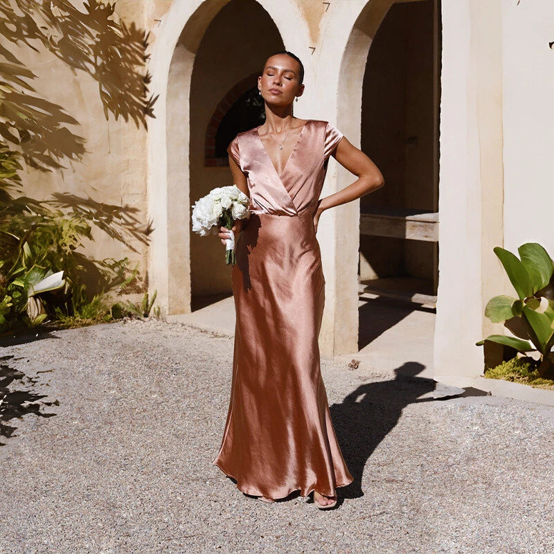Spring/Summer Satin Solid Color V-Neck Fishtail Party Dress