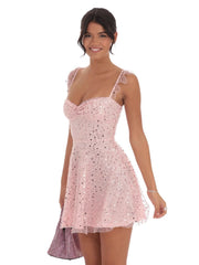 Sequin Ruffle Strap A-Line Dress in Pink