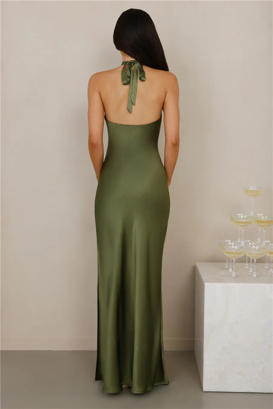 The Delilah Satin Halter Maxi Dress Olive