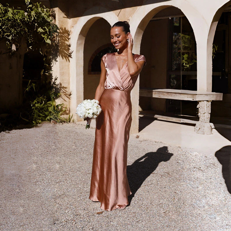 Spring/Summer Satin Solid Color V-Neck Fishtail Party Dress