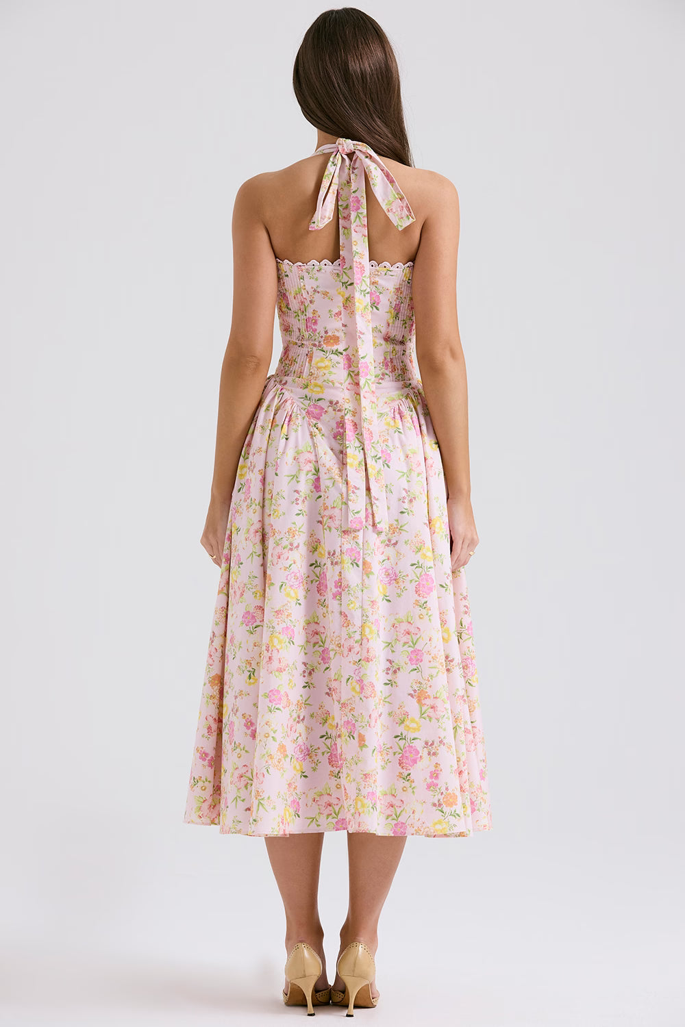 pink meadow print cotton halter midi sundress