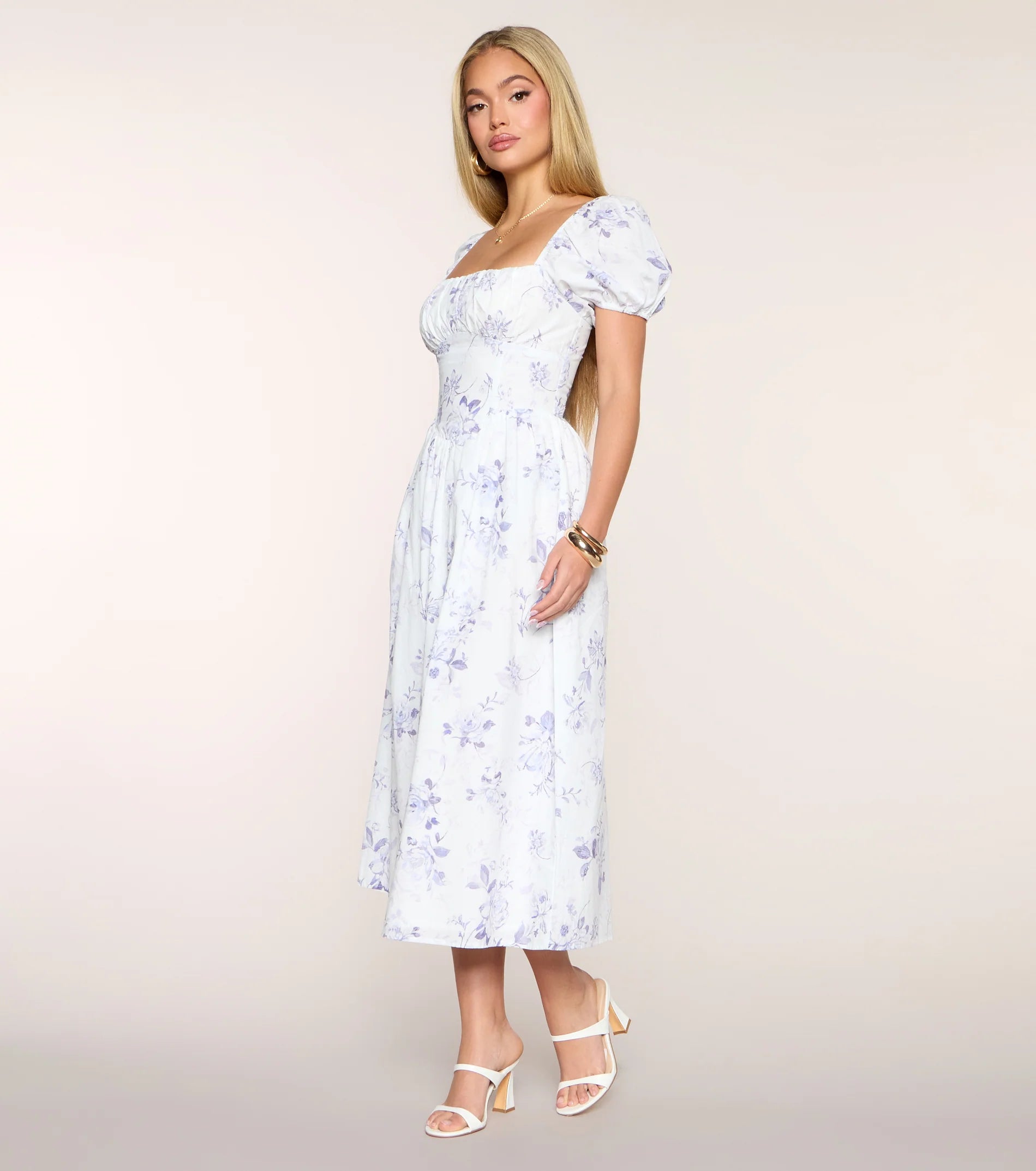 Day Date Floral Print Puff Sleeve Midi Dress