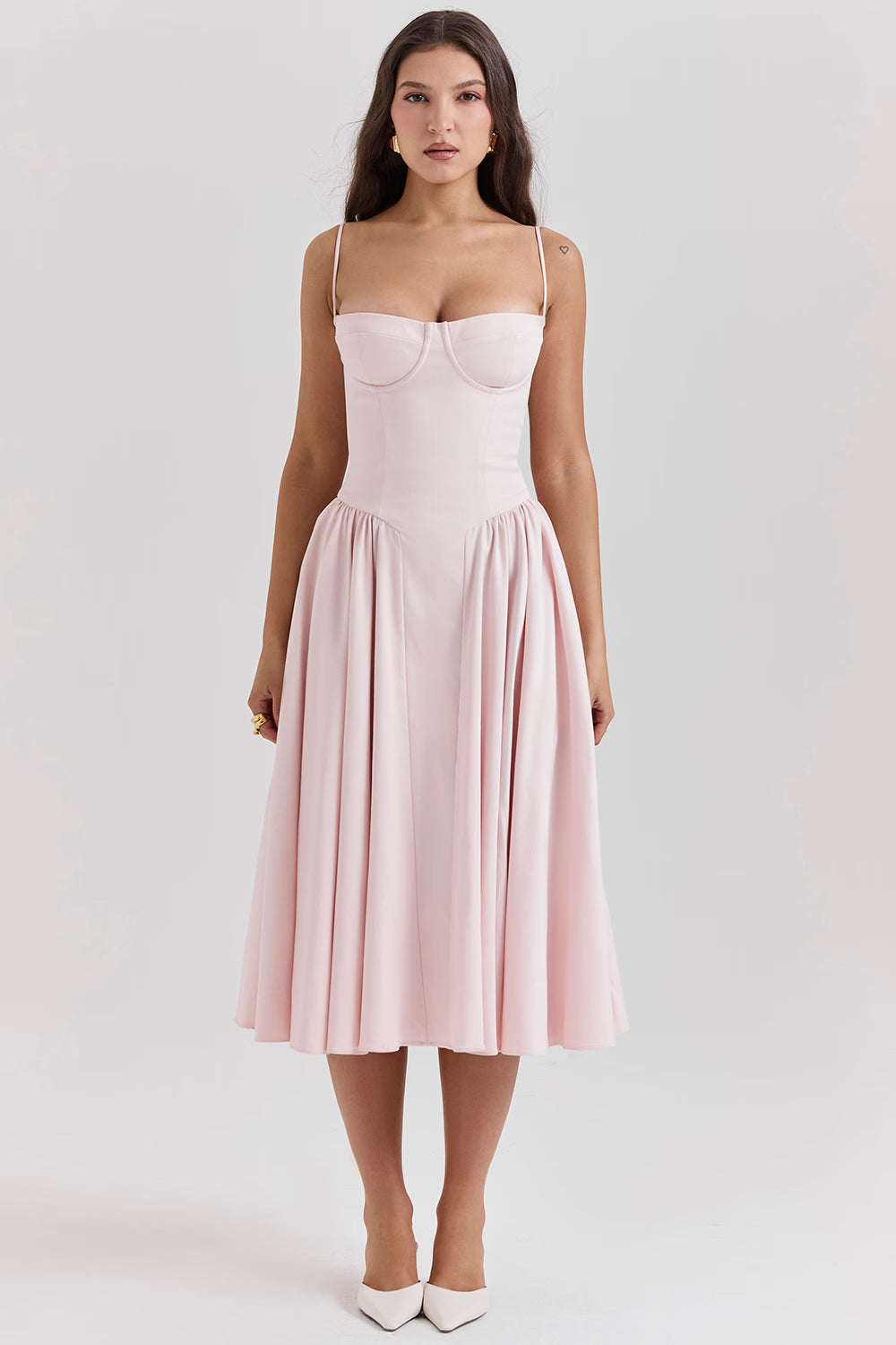 ballerina pink twill corset midi dress