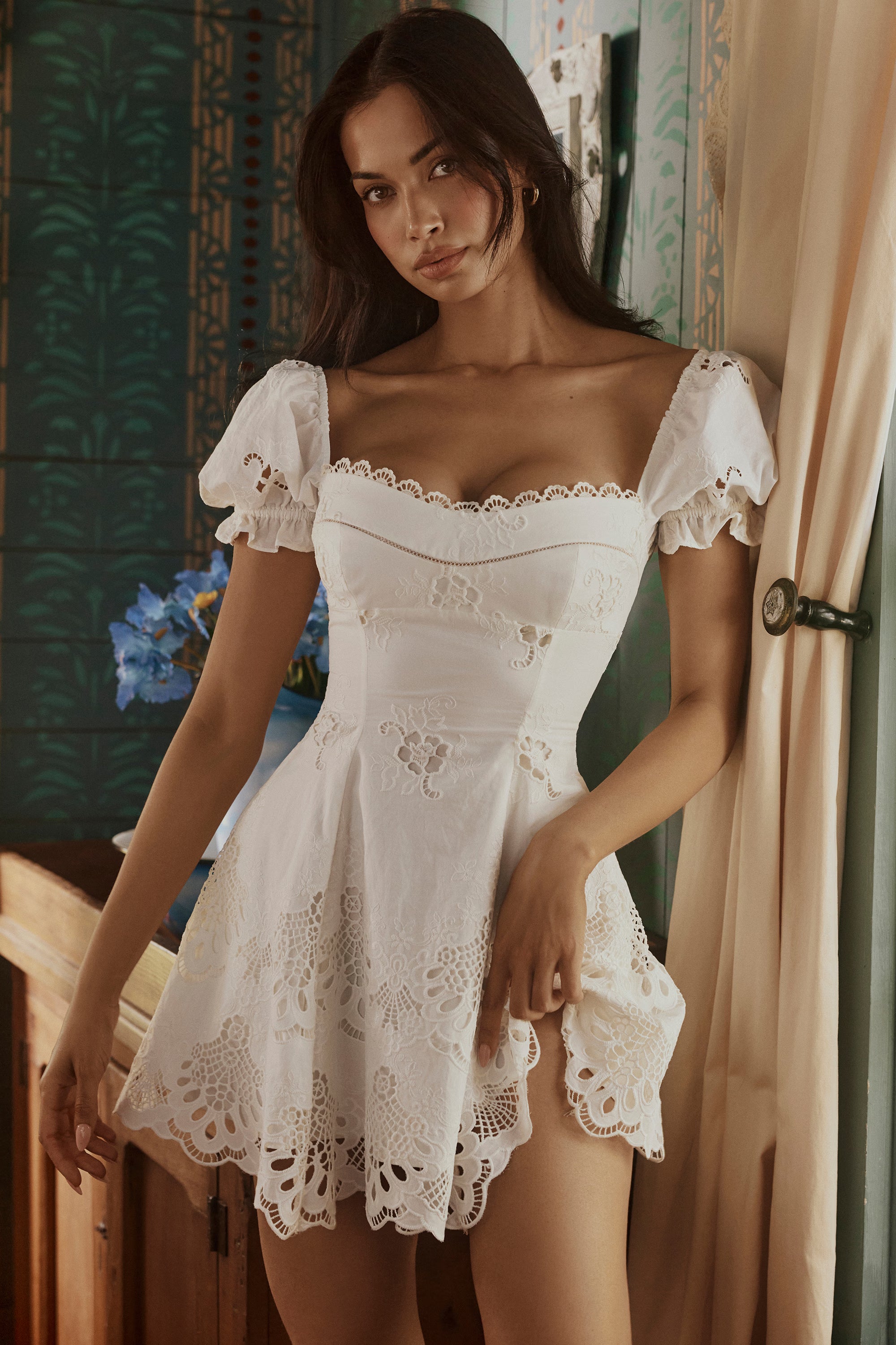white custom lace + cotton broderie anglaise mini dress