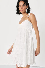 Angelic Admiration White Lace Tie-Shoulder Babydoll Mini Dress