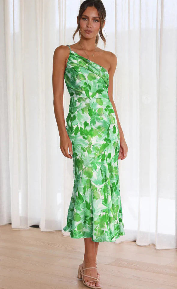 Aeris | Long asymmetrical dress with floral pattern