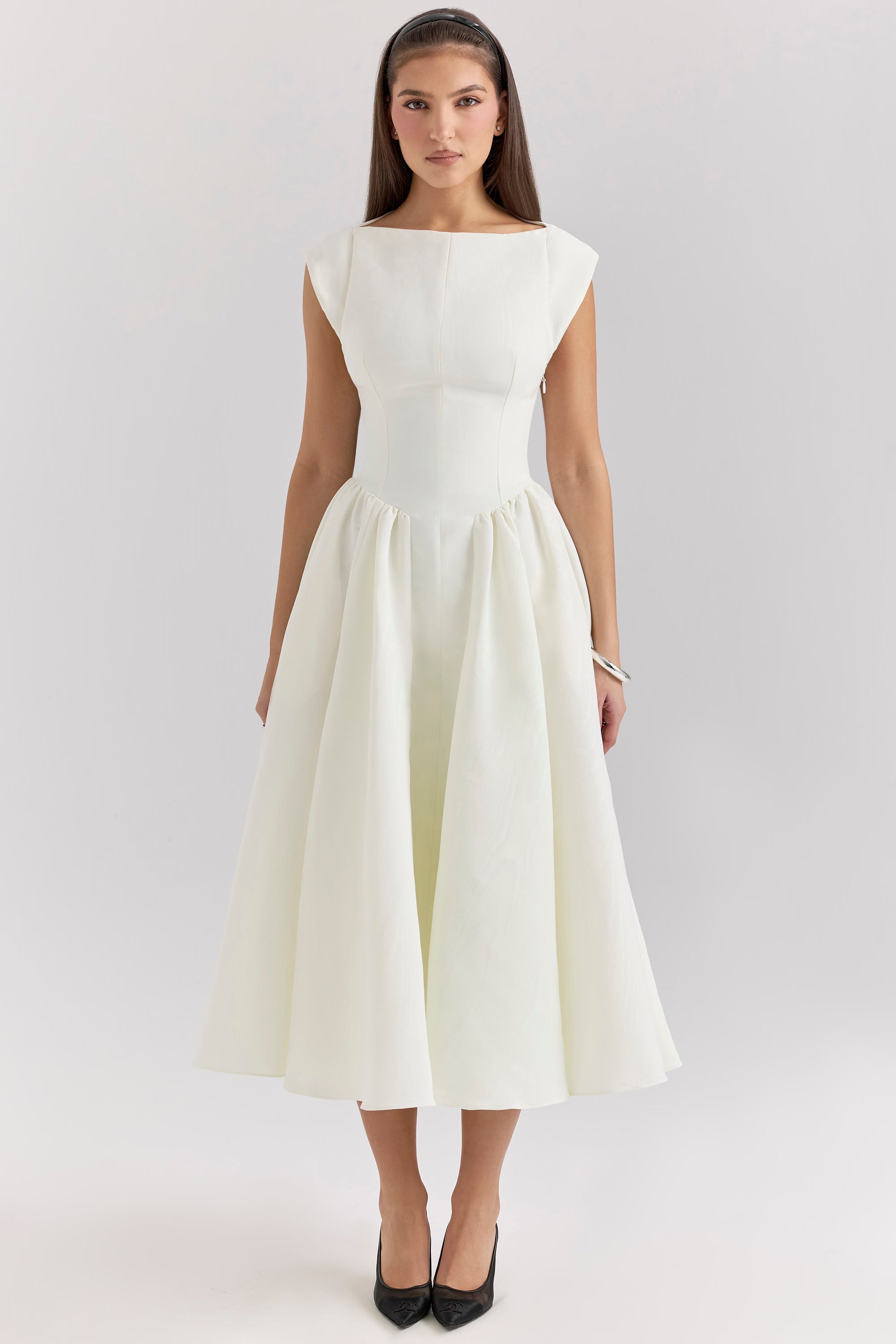 ivory moire satin midi dress