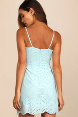 Modern Romantic Light Blue Eyelet Lace Mini Dress