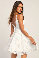Floral Feelings White Floral Jacquard Babydoll Mini Dress