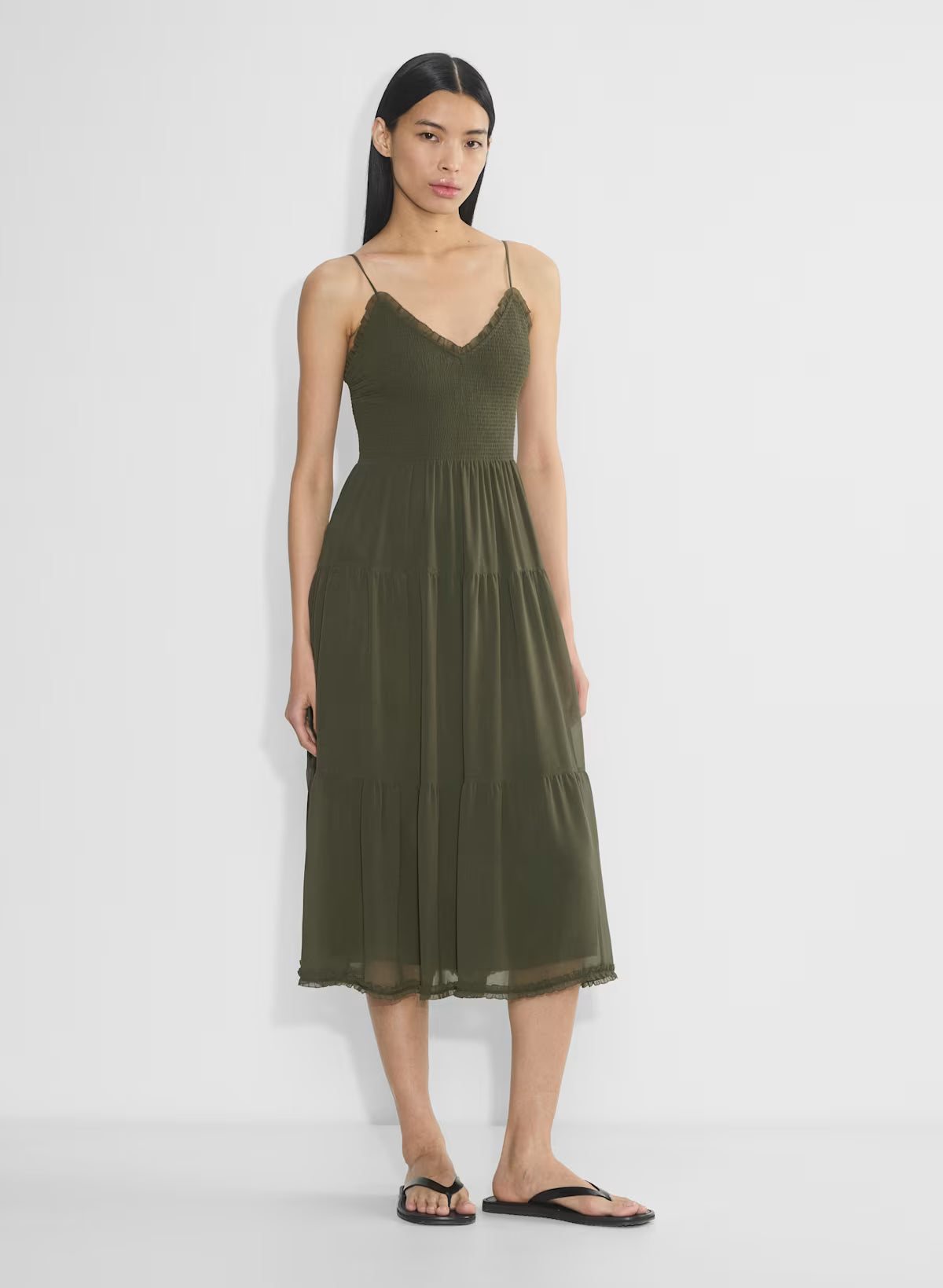Chiffon tiered V-neck midi dress— dark olive