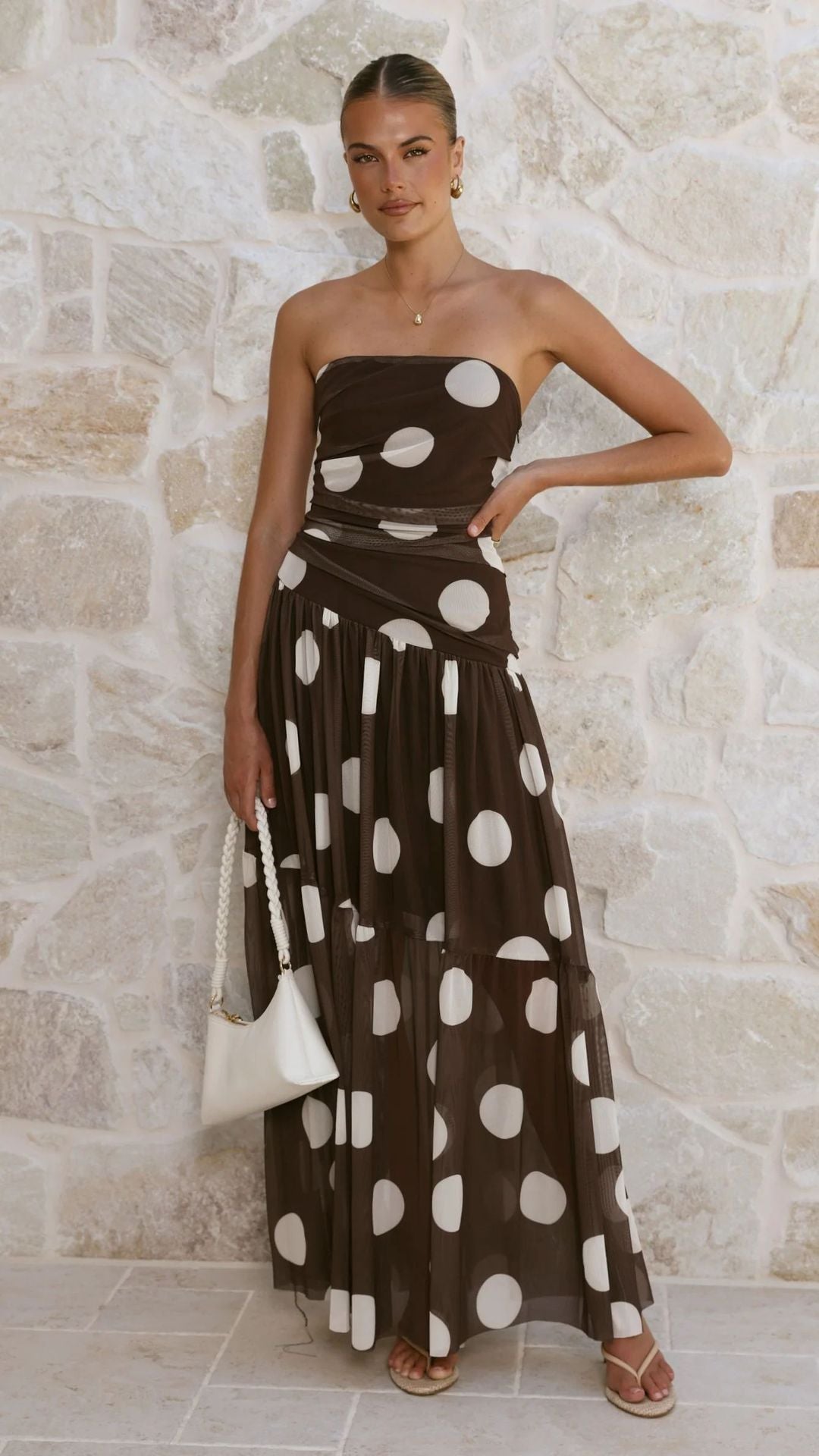 Polka Dot Strapless Ruched Maxi Dress