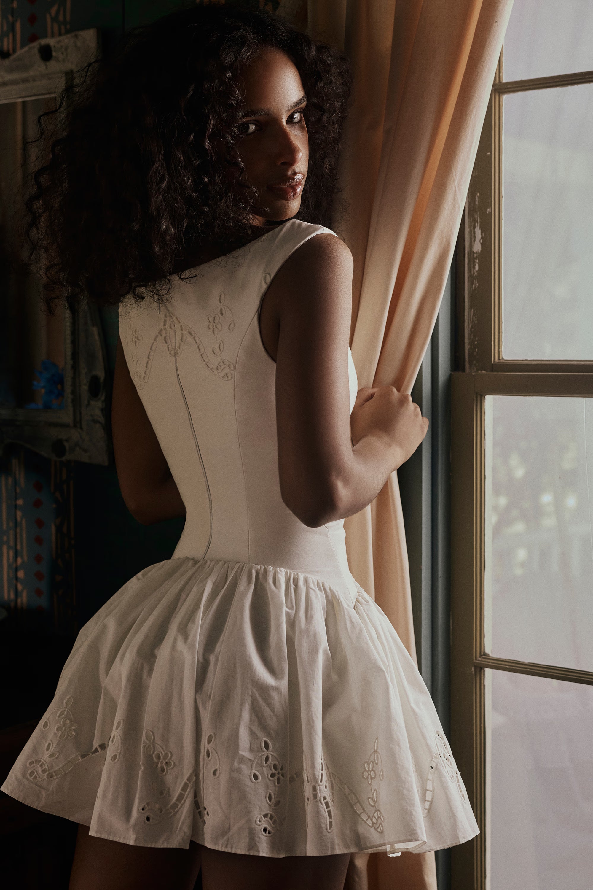 White Cotton Broderie Anglaise Boat Neck Mini Dress