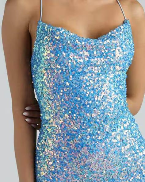 Blue Sequined Bodycon Mini Dress