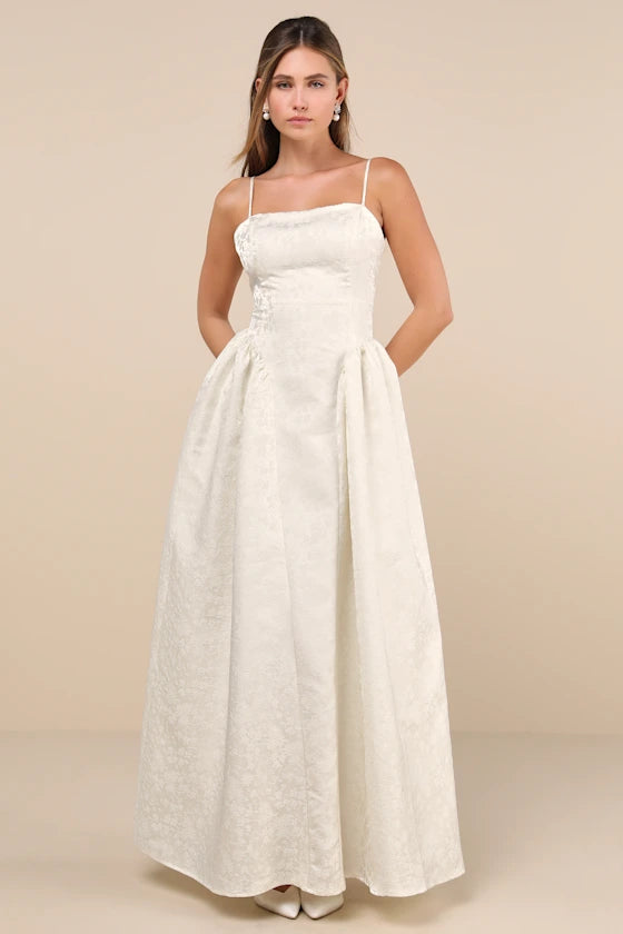 Gorgeous Extravagance Ivory Floral Jacquard Maxi Dress