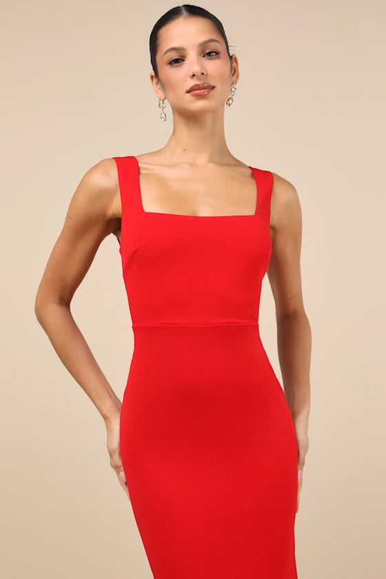 Moment Maker Red Square Neck Trumpet Midi Dress