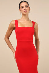 Moment Maker Red Square Neck Trumpet Midi Dress