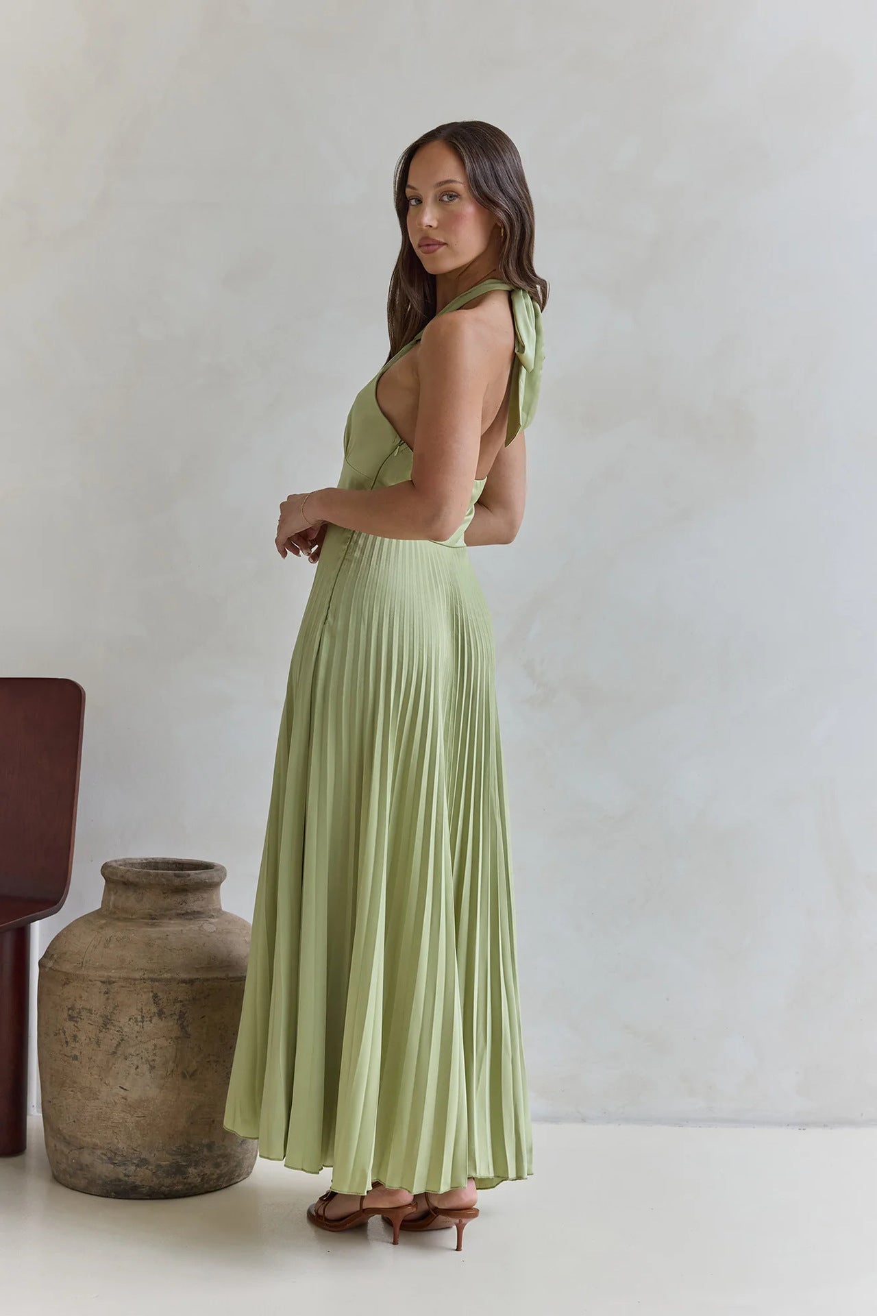 Solid Color Halter Neck Hollowed-out Casual Pleated Holiday Maxi Dress